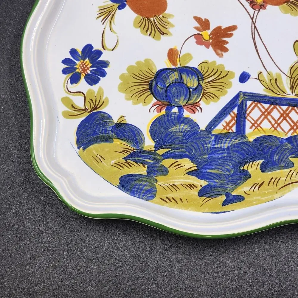 Faenza Italy Garofano Carnation Ceramic Dish Green Trim Garden Scene 8